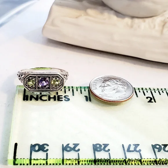 Vintage Sterling Silver Filigree Ring with Amethyst and Peridots Size 7.5 - Picture 12 of 16
